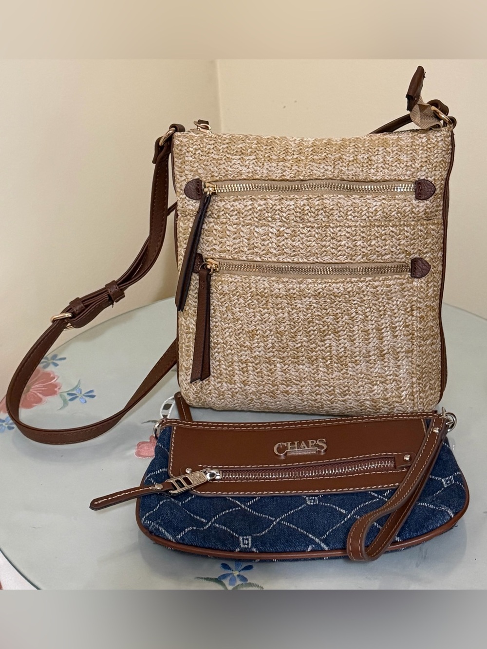 Natural Woven Crossbody with Brown Trim & Chaps Denim Wristlet Purse Duo